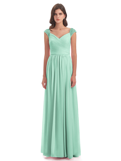Arely Cap Sleeves Chiffon Long Bridesmaid Dresses