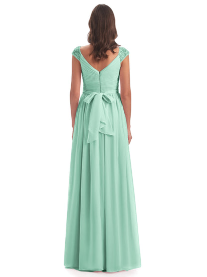 Arely Cap Sleeves Chiffon Long Bridesmaid Dresses