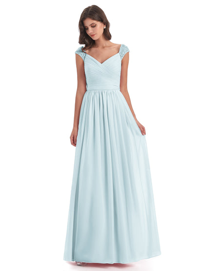 Arely Cap Sleeves Chiffon Long Bridesmaid Dresses