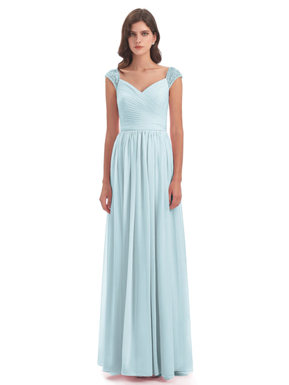 Arely Cap Sleeves Chiffon Long Bridesmaid Dresses