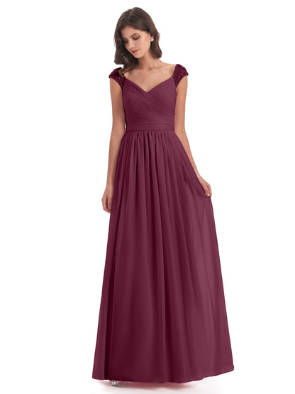 Arely Cap Sleeves Chiffon Long Bridesmaid Dresses