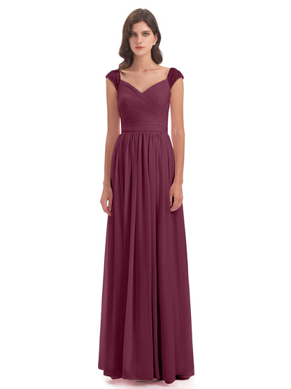 Arely Cap Sleeves Chiffon Long Bridesmaid Dresses