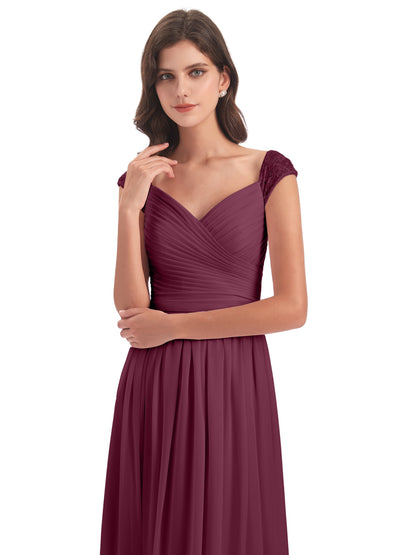 Arely Cap Sleeves Chiffon Long Bridesmaid Dresses