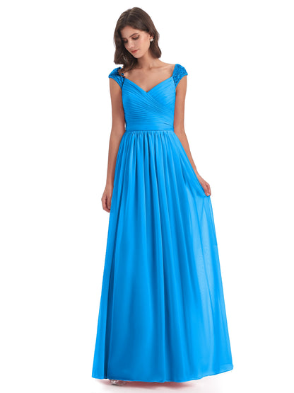 Arely Cap Sleeves Chiffon Long Bridesmaid Dresses