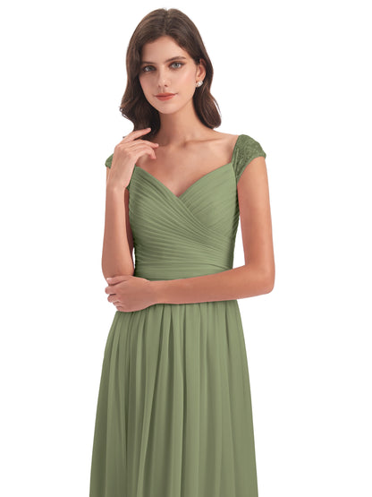 Arely Cap Sleeves Chiffon Long Bridesmaid Dresses