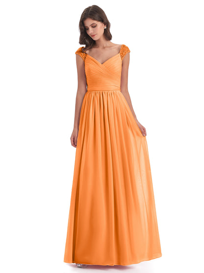 Arely Cap Sleeves Chiffon Long Bridesmaid Dresses