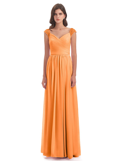 Arely Cap Sleeves Chiffon Long Bridesmaid Dresses