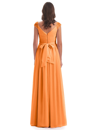 Arely Cap Sleeves Chiffon Long Bridesmaid Dresses