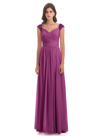 Arely Cap Sleeves Chiffon Long Bridesmaid Dresses