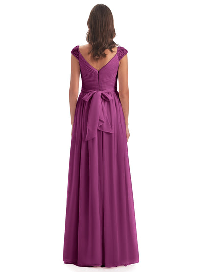 Arely Cap Sleeves Chiffon Long Bridesmaid Dresses