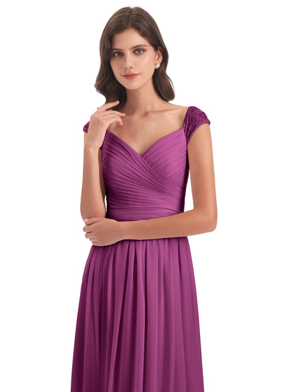 Arely Cap Sleeves Chiffon Long Bridesmaid Dresses