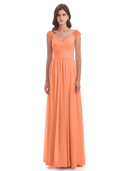 Arely Cap Sleeves Chiffon Long Bridesmaid Dresses