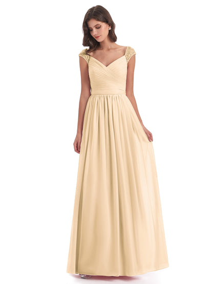 Arely Cap Sleeves Chiffon Long Bridesmaid Dresses