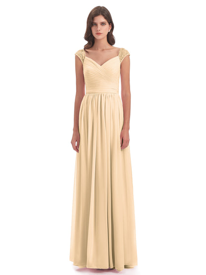 Arely Cap Sleeves Chiffon Long Bridesmaid Dresses
