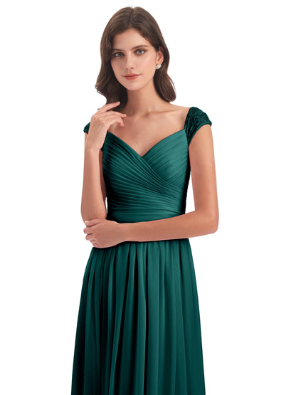 Arely Cap Sleeves Chiffon Long Bridesmaid Dresses