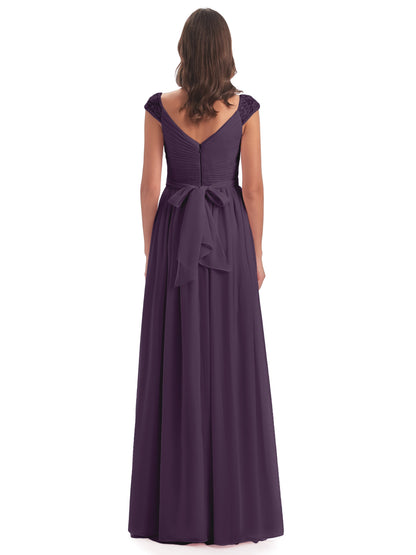 Arely Cap Sleeves Chiffon Long Bridesmaid Dresses