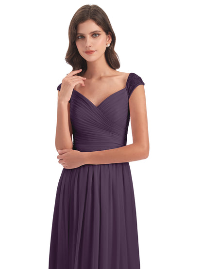 Arely Cap Sleeves Chiffon Long Bridesmaid Dresses