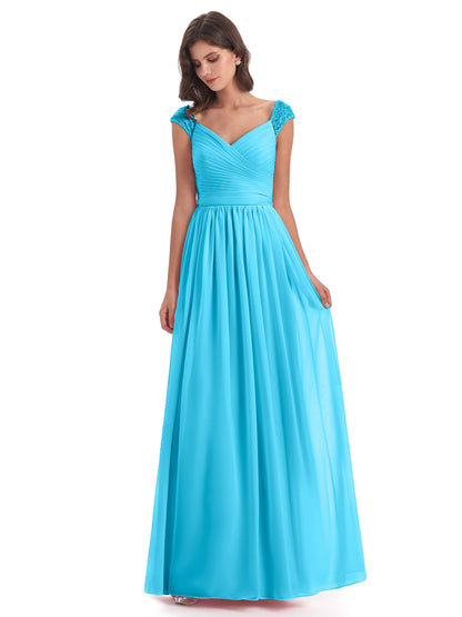 Arely Cap Sleeves Chiffon Long Bridesmaid Dresses