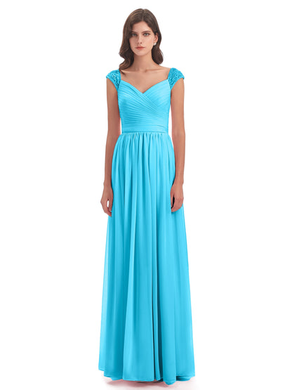 Arely Cap Sleeves Chiffon Long Bridesmaid Dresses