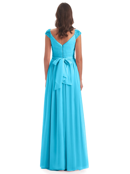 Arely Cap Sleeves Chiffon Long Bridesmaid Dresses