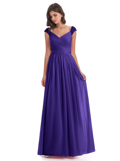 Arely Cap Sleeves Chiffon Long Bridesmaid Dresses