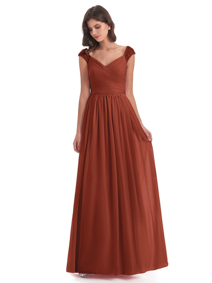 Arely Cap Sleeves Chiffon Long Bridesmaid Dresses