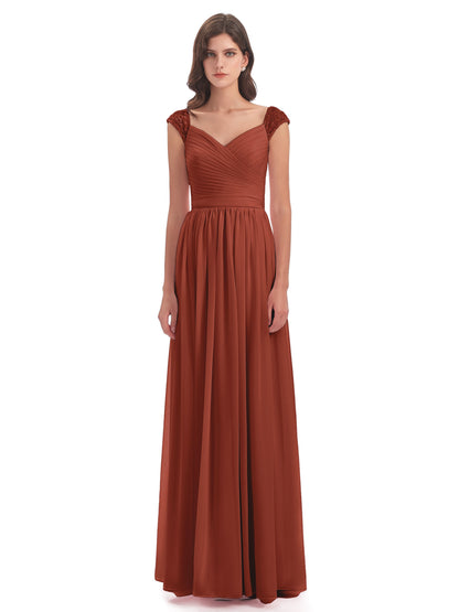 Arely Cap Sleeves Chiffon Long Bridesmaid Dresses