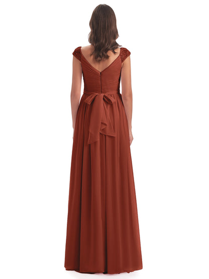 Arely Cap Sleeves Chiffon Long Bridesmaid Dresses
