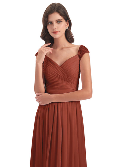 Arely Cap Sleeves Chiffon Long Bridesmaid Dresses