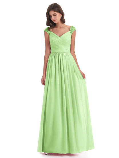 Arely Cap Sleeves Chiffon Long Bridesmaid Dresses