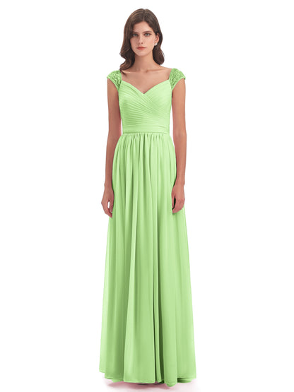 Arely Cap Sleeves Chiffon Long Bridesmaid Dresses