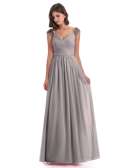 Arely Cap Sleeves Chiffon Long Bridesmaid Dresses