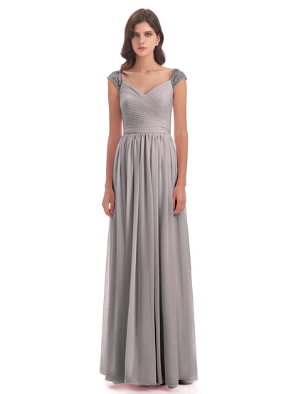 Arely Cap Sleeves Chiffon Long Bridesmaid Dresses