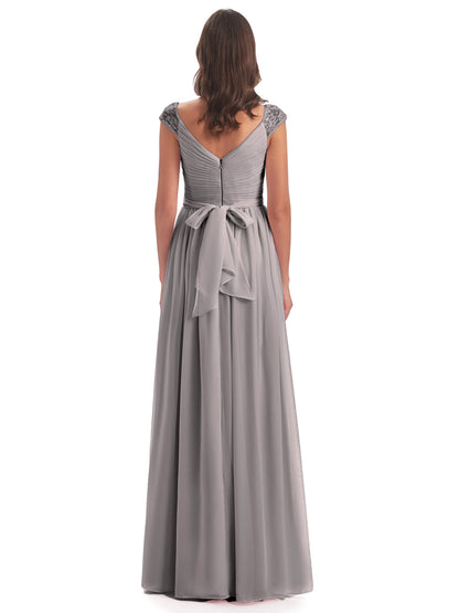 Arely Cap Sleeves Chiffon Long Bridesmaid Dresses