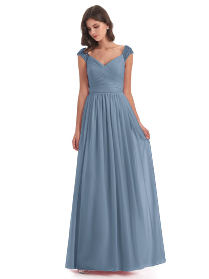 Arely Cap Sleeves Chiffon Long Bridesmaid Dresses