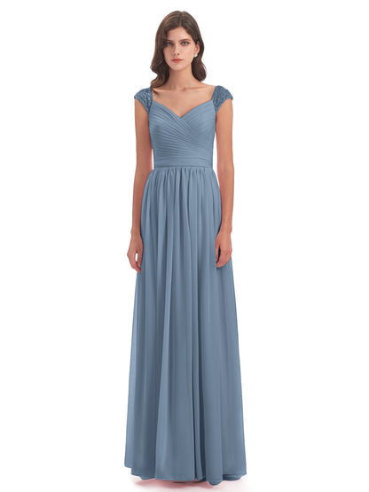 Arely Cap Sleeves Chiffon Long Bridesmaid Dresses