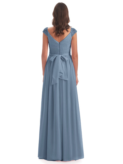 Arely Cap Sleeves Chiffon Long Bridesmaid Dresses