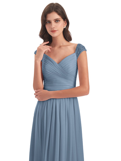 Arely Cap Sleeves Chiffon Long Bridesmaid Dresses