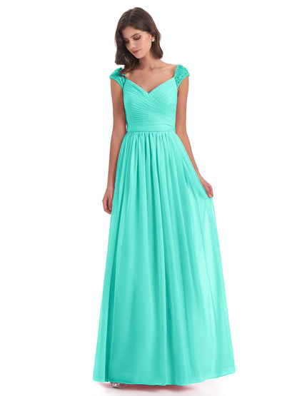 Arely Cap Sleeves Chiffon Long Bridesmaid Dresses