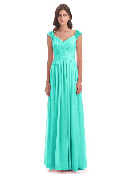 Arely Cap Sleeves Chiffon Long Bridesmaid Dresses