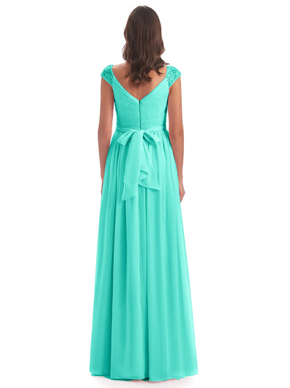 Arely Cap Sleeves Chiffon Long Bridesmaid Dresses