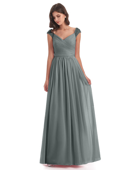 Arely Cap Sleeves Chiffon Long Bridesmaid Dresses