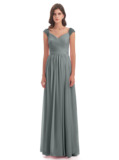 Arely Cap Sleeves Chiffon Long Bridesmaid Dresses