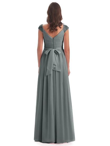 Arely Cap Sleeves Chiffon Long Bridesmaid Dresses