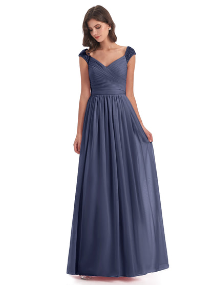 Arely Cap Sleeves Chiffon Long Bridesmaid Dresses