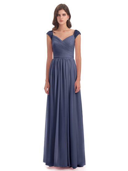 Arely Cap Sleeves Chiffon Long Bridesmaid Dresses