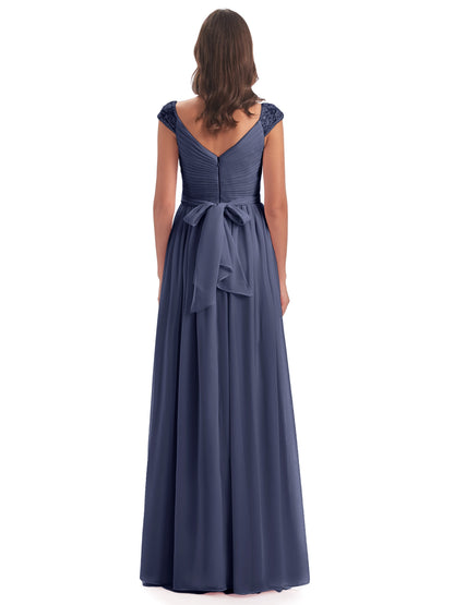 Arely Cap Sleeves Chiffon Long Bridesmaid Dresses