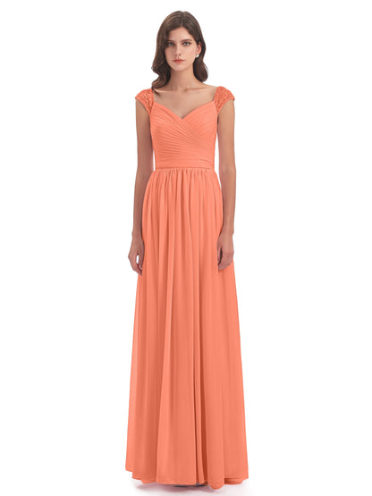 Arely Cap Sleeves Chiffon Long Bridesmaid Dresses