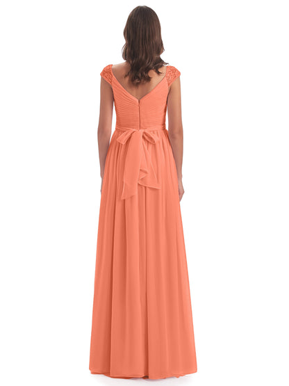 Arely Cap Sleeves Chiffon Long Bridesmaid Dresses