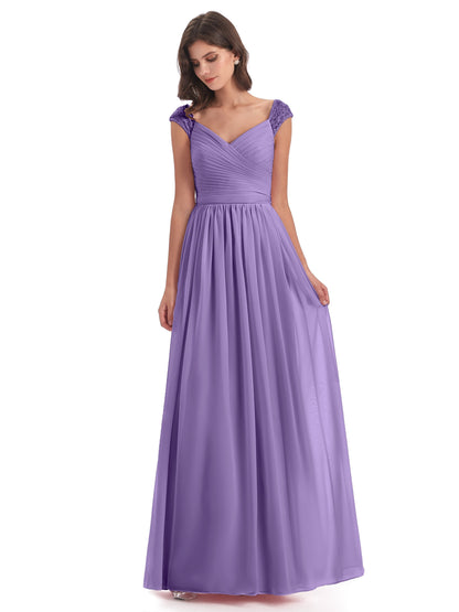Arely Cap Sleeves Chiffon Long Bridesmaid Dresses